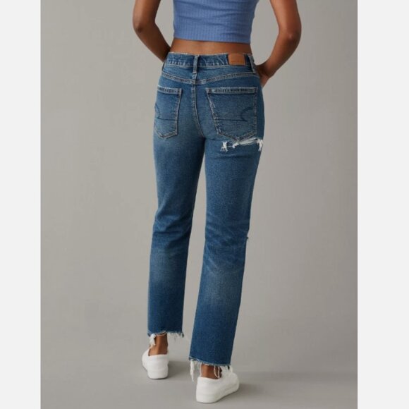 AE Strigid Super Hi-Rise Ankle Straight Distressed Patched Jeans 2 - Picture 2 of 12